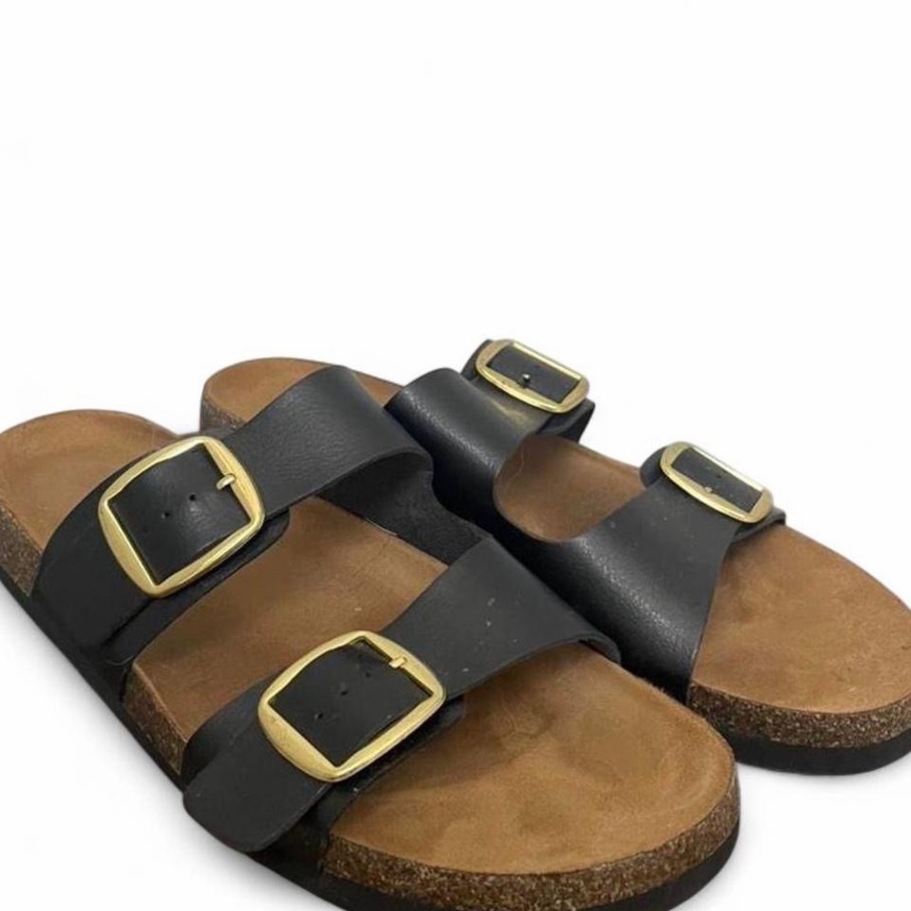 Women's Black Dual-Buckle Slide Sandals with Gold Buckles